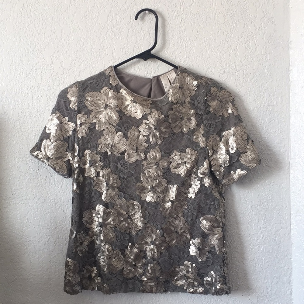 Grey Metallic Sequined Floral Top